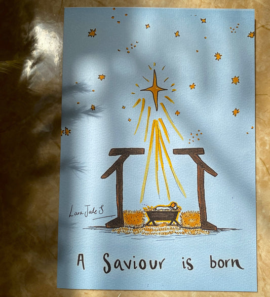 beautiful hand drawn eco printed Christian christmas manger greeting card ellariajade 