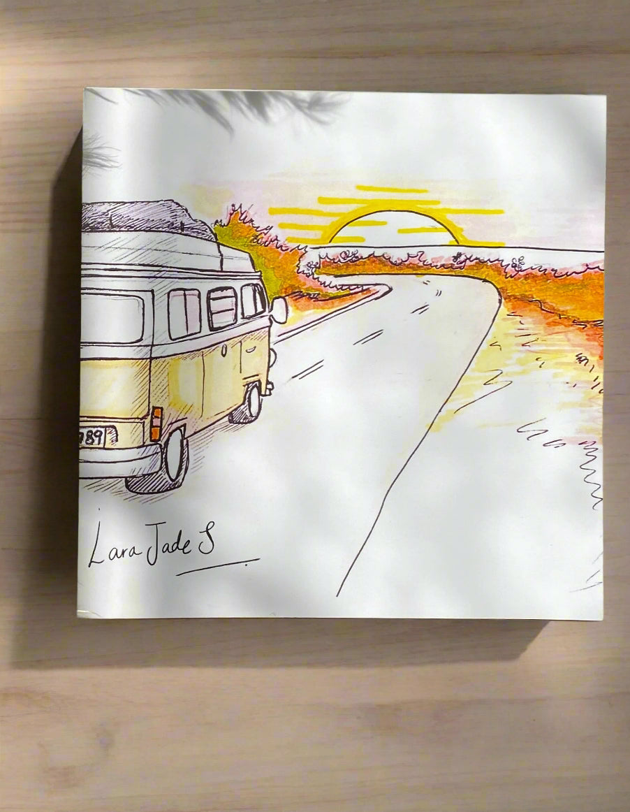 Beautiful hand drawn vw campervan driving to the beach art eco greeting card ellariajade