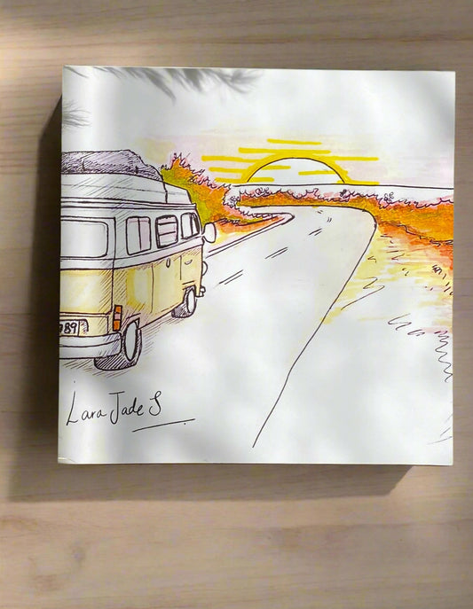 Beautiful hand drawn vw campervan driving to the beach art eco greeting card ellariajade