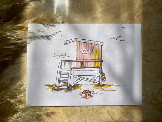 beautifully drawn handmade eco greeting card of lifeguard stand 