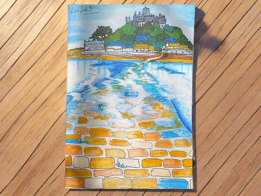 Beautiful hand drawn pen makers art greeting card of st michaels mount 