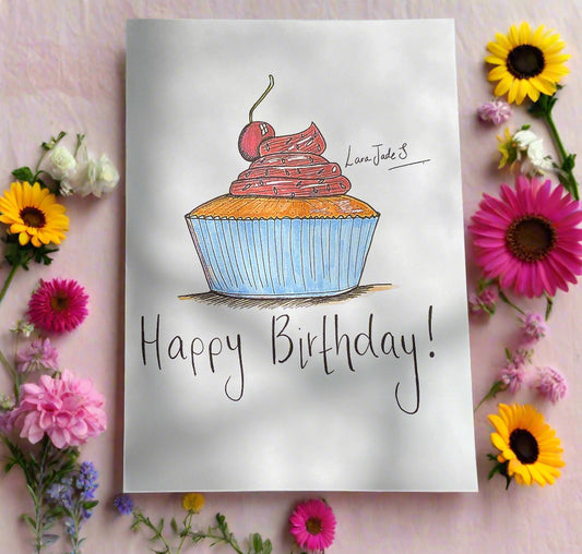 beautiful simple hand drawn art eco greeting card cupcake birthday ellariajade